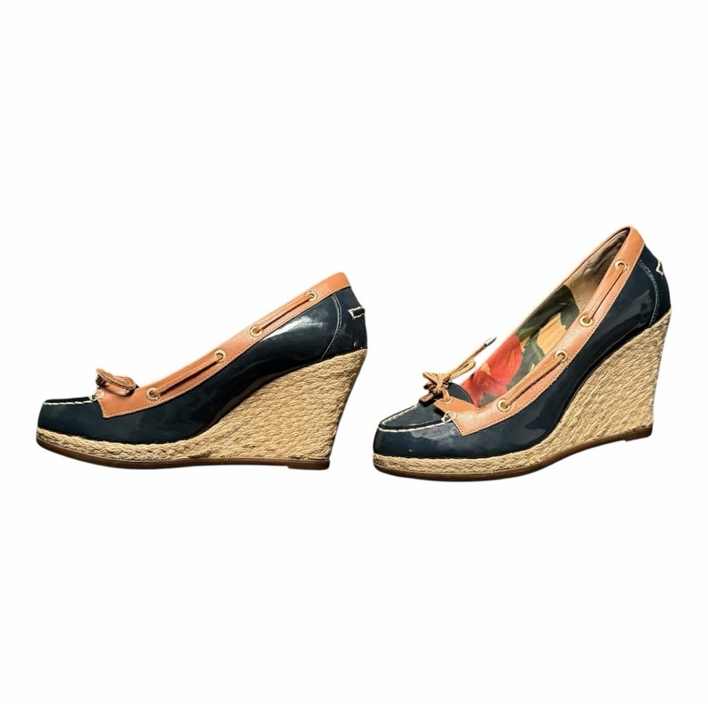 Milly for Sperry Top Sider Navy and Tan Wedge Espadrilles Spring Platform Sz 6.5
